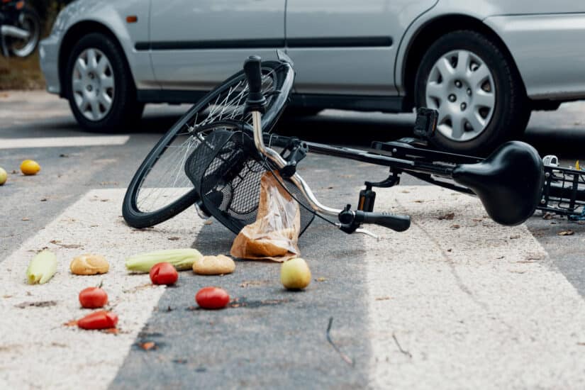Bicycle Laying On A Pedestrian Road with Vegetables All Over The Ground