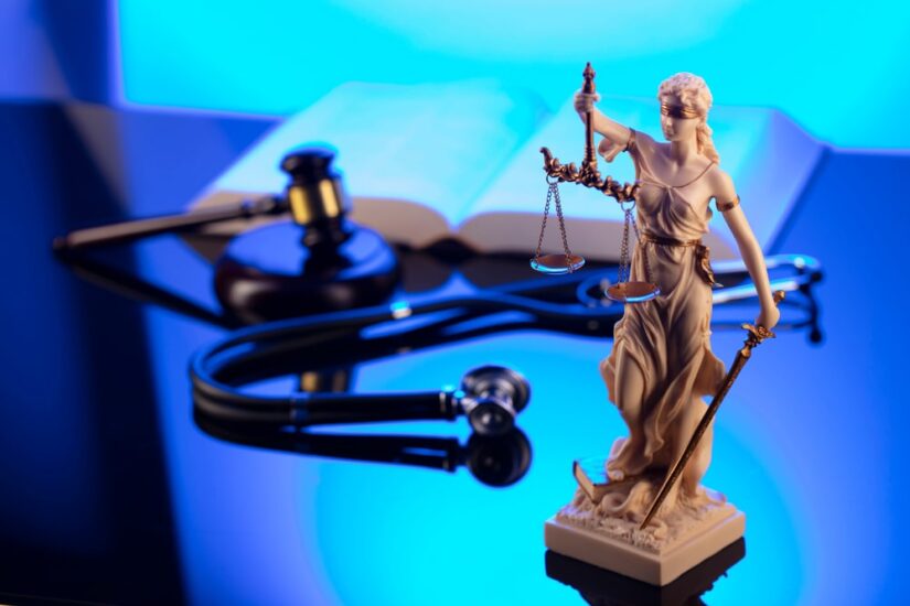 Figurine Of Lady Justice, A Law Hammer And A Stethoscope On The Table