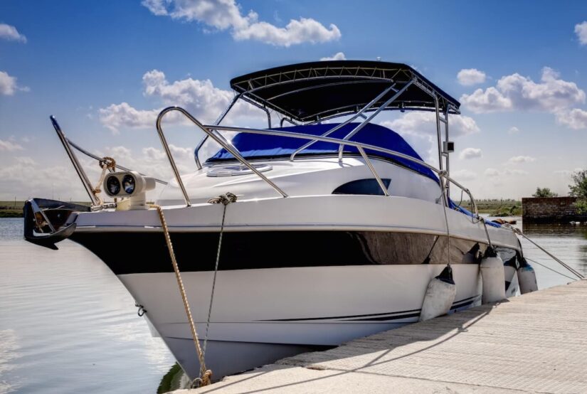 Parked motor boat at mooring line