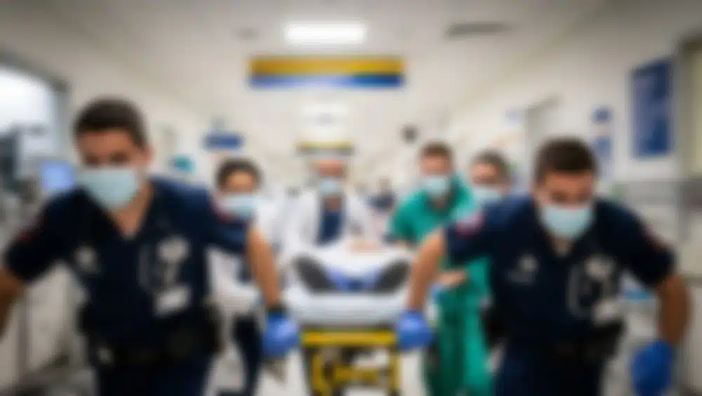 Out-of-focus image of patient being brought into emergency department by medical staff